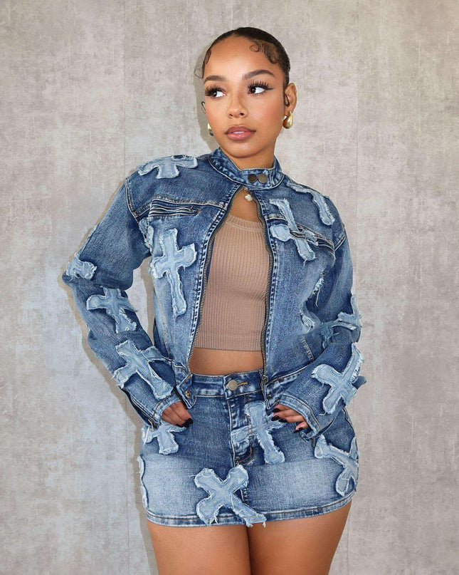 Denim Embroidered Short Skirt Jacket Suits Suit Fendax 0