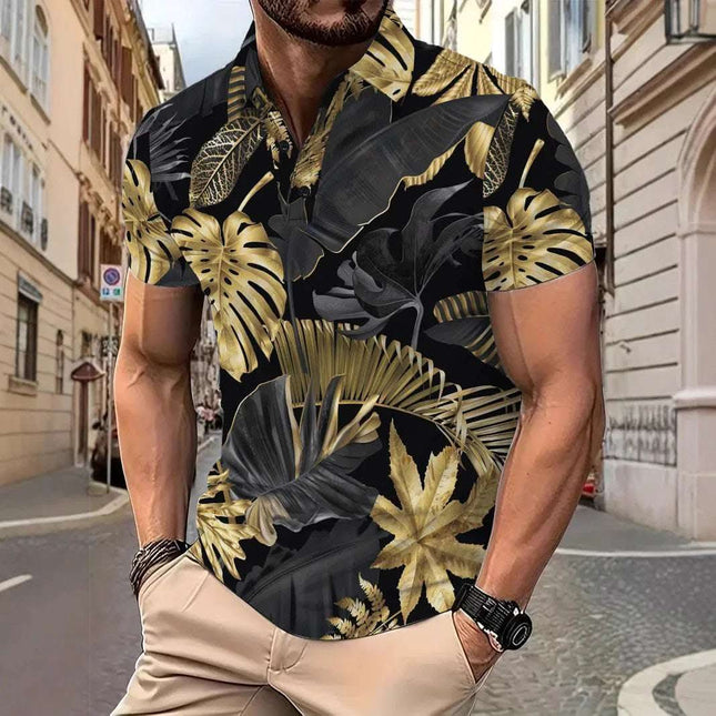 Men's Printed Gold Tropical Plant Pattern Short Sleeve Fashion Printed Shirt Fendax 0