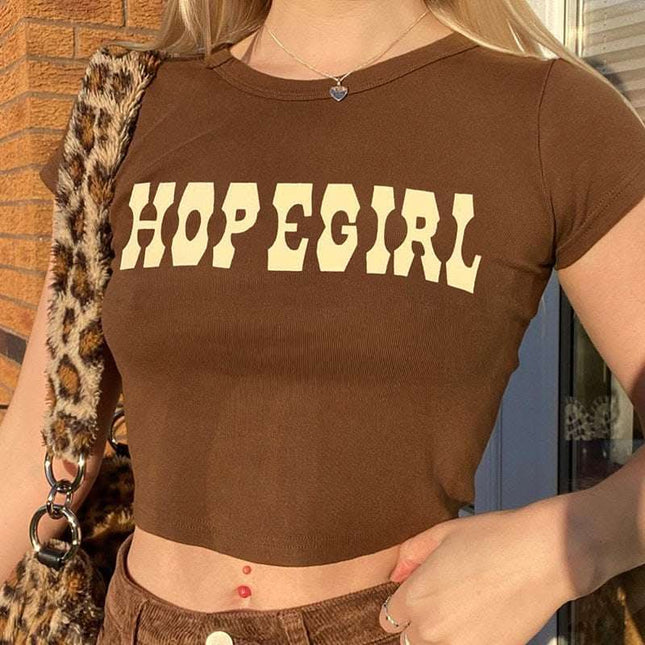 Vintage Brown Letter Print Bottoming Casual Crop Top Fendax 0