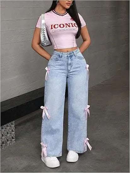 Bowknot Collage Washed Jeans Loose Straight-leg Wide-leg Pants Fendax 0