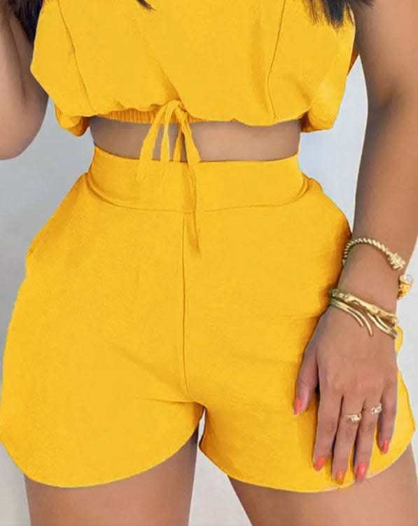 European And American Solid Color Tie Crop Top And Shorts Pocket Set Fendax 0