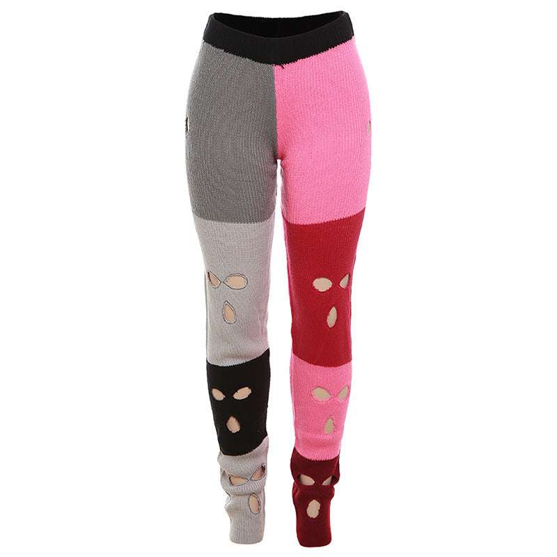 Fall Women's Clothing New Contrast Color Knitted High Waist Straight Casual Pants