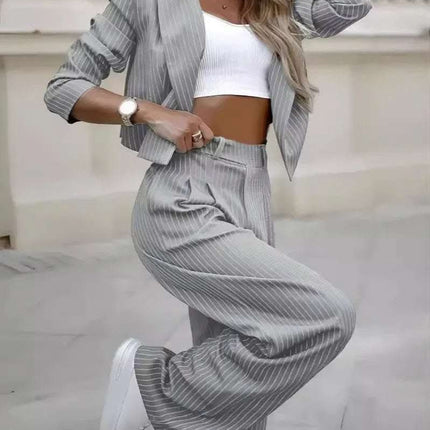 Women's Spring Fashion Striped Suits Casual Lapel Long Sleeve Cropped Top And Straight Pants Outfits Women's Clothing Fendax 0