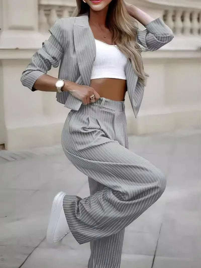 Women's Spring Fashion Striped Suits Casual Lapel Long Sleeve Cropped Top And Straight Pants Outfits Women's Clothing Fendax 0