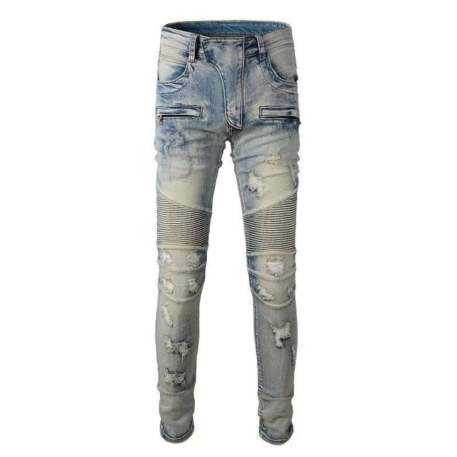 Hand Frayed Beggar Style Distressed Slim Stretch American Men's Jeans Fendax 0