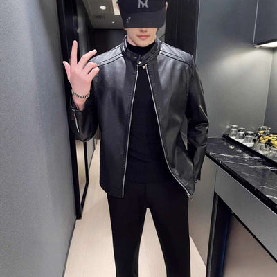 Spring And Autumn Men's Slim Leather Clothing With Stand Collar Jacket