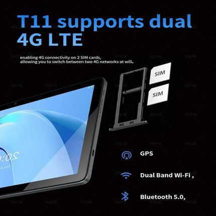 G-tab T11 Android 14 Tablet 10.1 Inch 1280&800 IPS Screen Unisoc T606 8 Core Max 1.6GHz 8GB RAM 4GB&4GB Expansion128GB ROM 2.4&5GHz WiFi Bluetooth 5.0 6580mAh Battery 8MP&13MP Camera Dual 4G Fendax 5