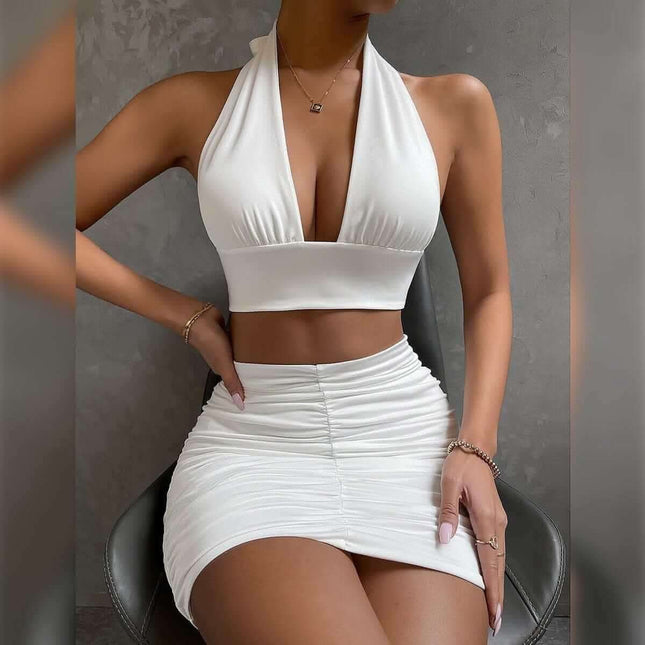 2pcs Dress Suits For Women Halter Lace-up Hip Top And Pleated Hip-covering Skirt Fendax 0