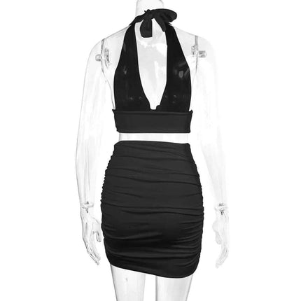 2pcs Dress Suits For Women Halter Lace-up Hip Top And Pleated Hip-covering Skirt Fendax 0