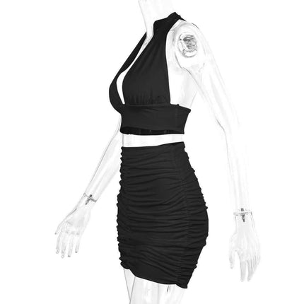 2pcs Dress Suits For Women Halter Lace-up Hip Top And Pleated Hip-covering Skirt Fendax 0
