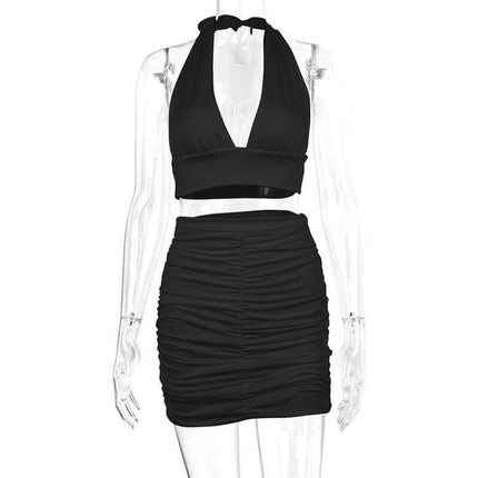 2pcs Dress Suits For Women Halter Lace-up Hip Top And Pleated Hip-covering Skirt Fendax 0