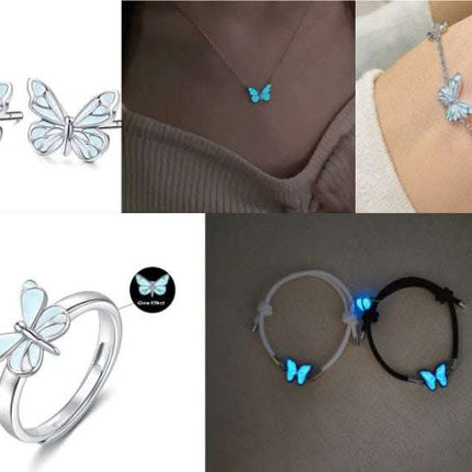 Fashion Blue Luminous Butterfly Necklace Bracelet Set For Glow In The Dark Women Clavicle Chain Choker Party Jewelry Set Gift Fendax 0