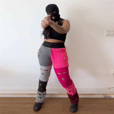 Fall Women's Clothing New Contrast Color Knitted High Waist Straight Casual Pants