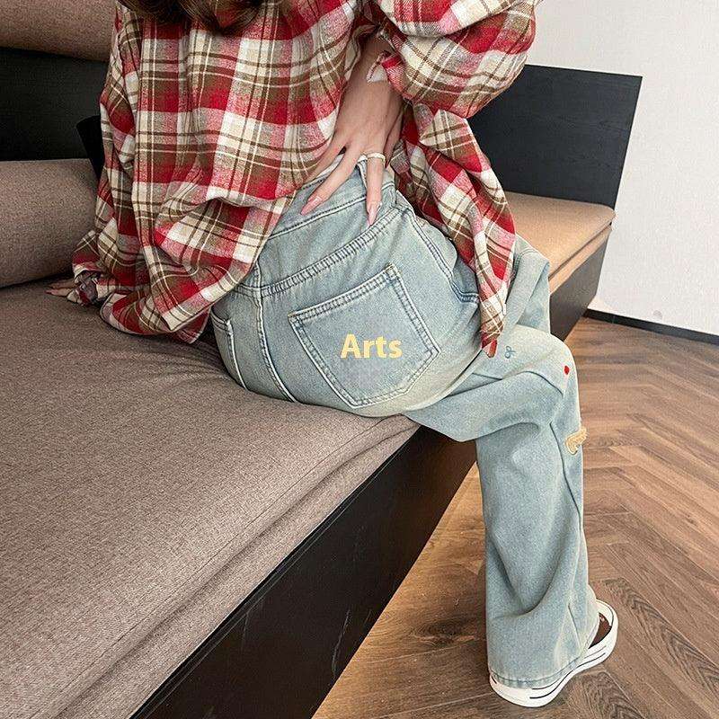 Cartoon Puppy Embroidered High Waist Straight Jeans Fendax 0