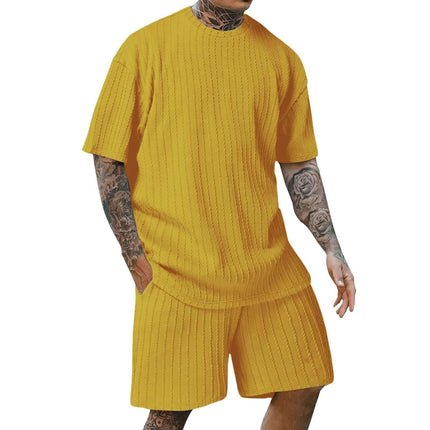 Men's Sports Solid Color Round Neck Pullover Vertical Pattern T-shirt Two-piece Set Fendax 0
