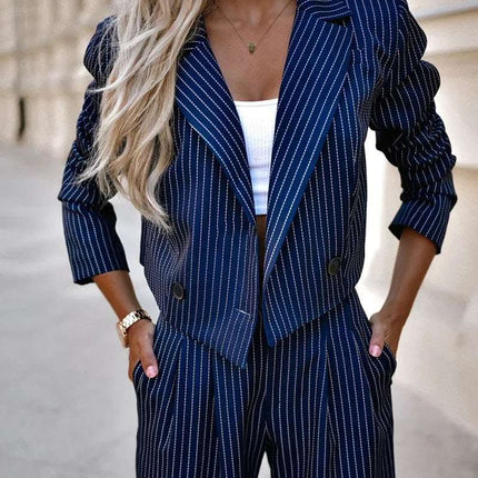Women's Spring Fashion Striped Suits Casual Lapel Long Sleeve Cropped Top And Straight Pants Outfits Women's Clothing Fendax 0