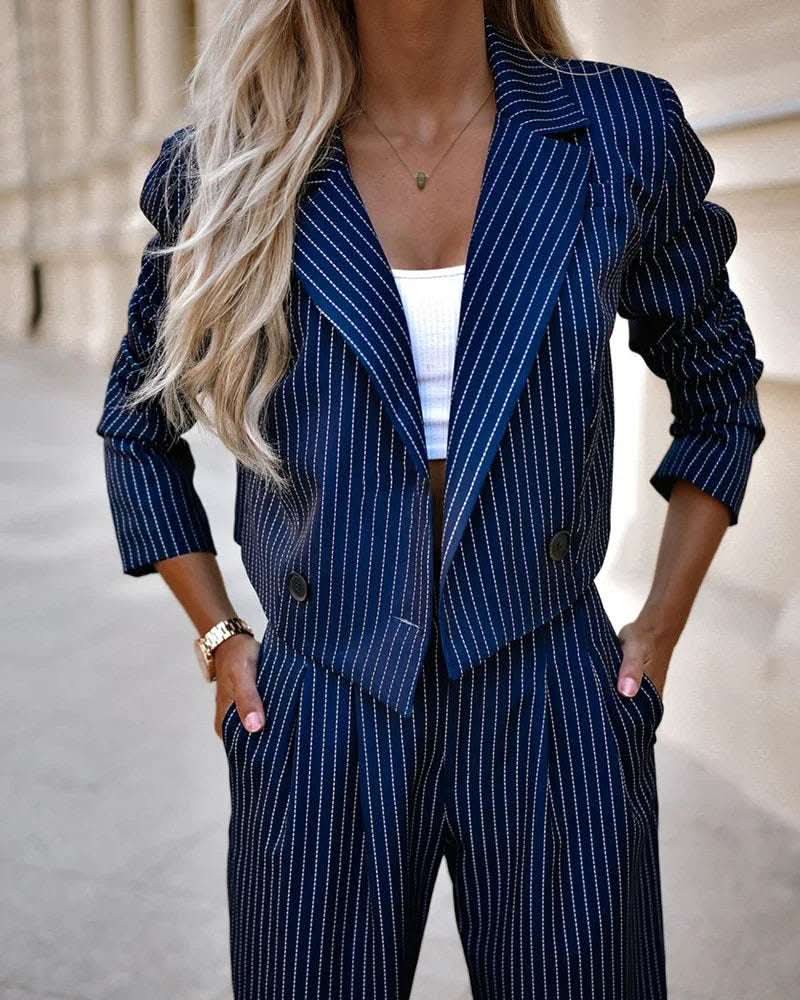 Women's Spring Fashion Striped Suits Casual Lapel Long Sleeve Cropped Top And Straight Pants Outfits Women's Clothing Fendax 0