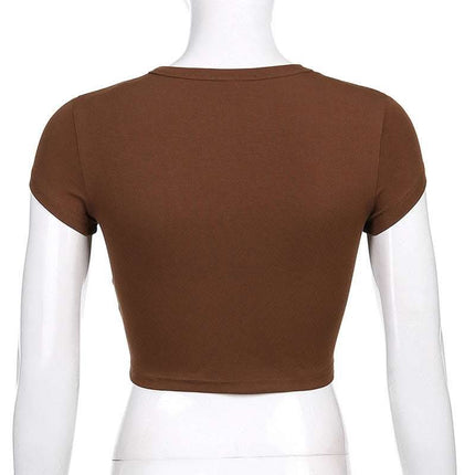 Vintage Brown Letter Print Bottoming Casual Crop Top Fendax 0