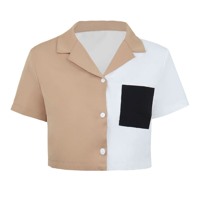 Contrast Paneled Crop Top Pocket Single Breasted Short Sleeve Shirt Fendax 0