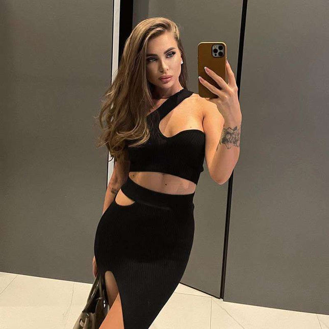 Sloping Shoulder Crop Top High Waist Hollow Skirt Suit Tight Two Piece Fendax 0