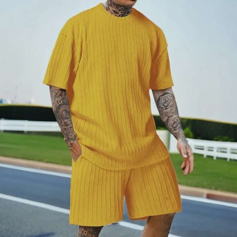 Men's Sports Solid Color Round Neck Pullover Vertical Pattern T-shirt Two-piece Set Fendax 0