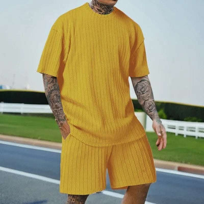 Men's Sports Solid Color Round Neck Pullover Vertical Pattern T-shirt Two-piece Set Fendax 0