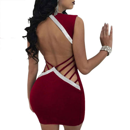 Sexy Slim Ladies Deep V-neck Bodycon Party Dresses Women Summer Sleeveless Hollow Out Backless Package Hip Dress Clubwear Fendax 0