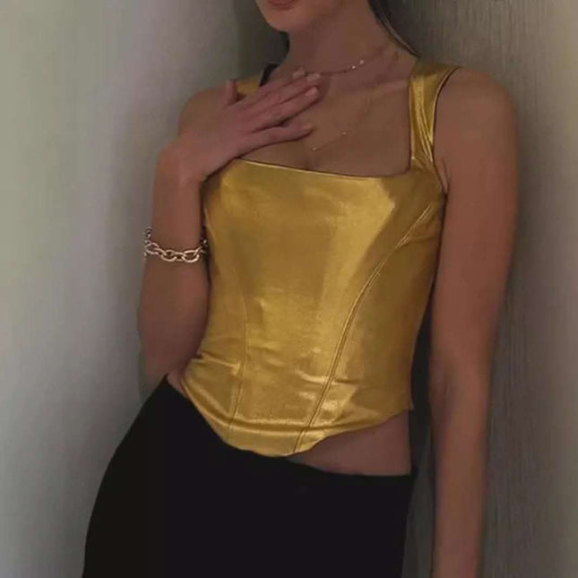 Women's Gold Spaghetti-strap Slim Fishbone Short Top Fendax 0