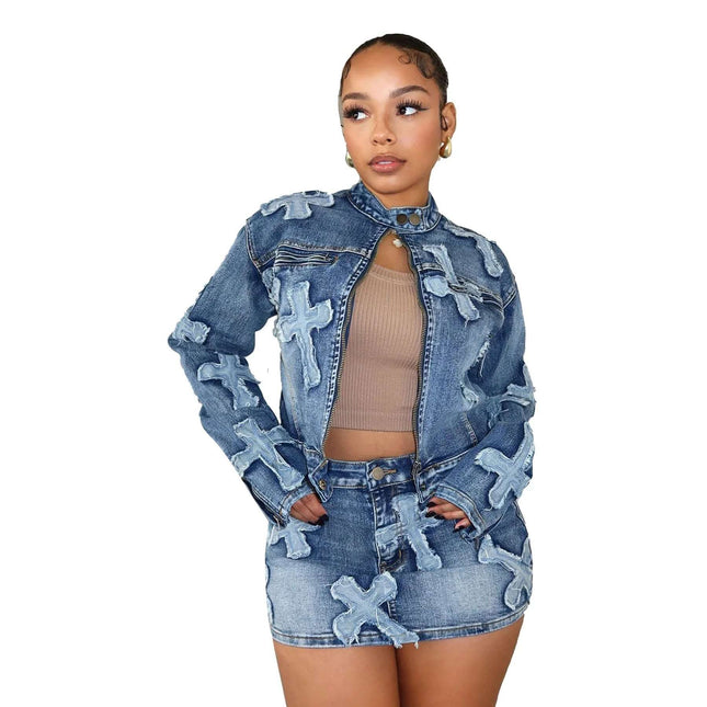 Denim Embroidered Short Skirt Jacket Suits Suit Fendax 0