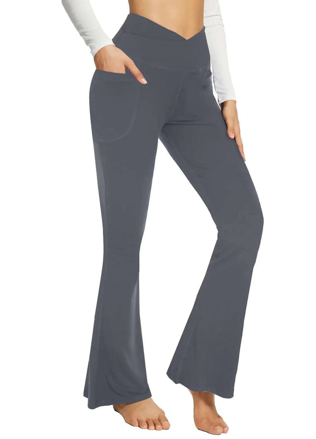 Flare Leggings For Women With Pockets - Crossover High Waisted Black Flared Leggings For Yoga Gym Workout Fendax 5
