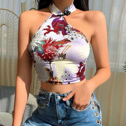 Chinoiserie Printed Halter Neck Buttoned Sexy Navel Crop Top Fendax 0