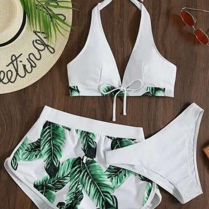 3pcs Leaf Print Bikini With Shorts Fashion Summer Beach Swimsuit Womens Clothing Fendax 4