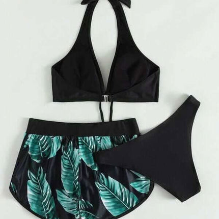 3pcs Leaf Print Bikini With Shorts Fashion Summer Beach Swimsuit Womens Clothing Fendax 4