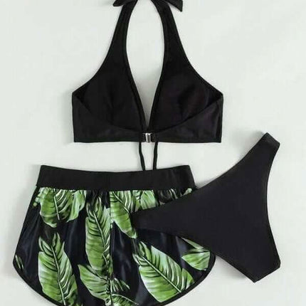 3pcs Leaf Print Bikini With Shorts Fashion Summer Beach Swimsuit Womens Clothing Fendax 4