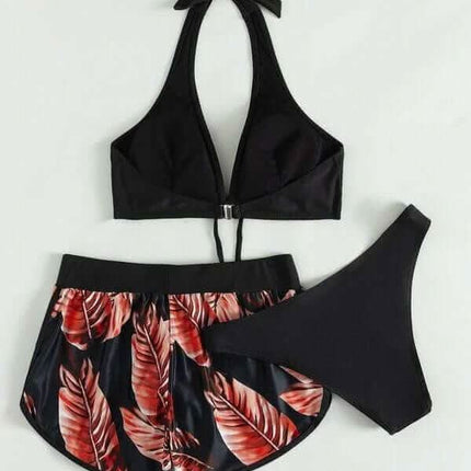 3pcs Leaf Print Bikini With Shorts Fashion Summer Beach Swimsuit Womens Clothing Fendax 4