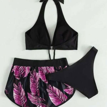 3pcs Leaf Print Bikini With Shorts Fashion Summer Beach Swimsuit Womens Clothing Fendax 4