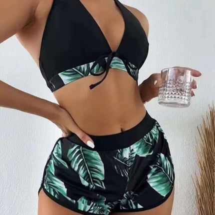 3pcs Leaf Print Bikini With Shorts Fashion Summer Beach Swimsuit Womens Clothing Fendax 4