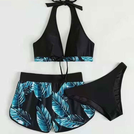 3pcs Leaf Print Bikini With Shorts Fashion Summer Beach Swimsuit Womens Clothing Fendax 4
