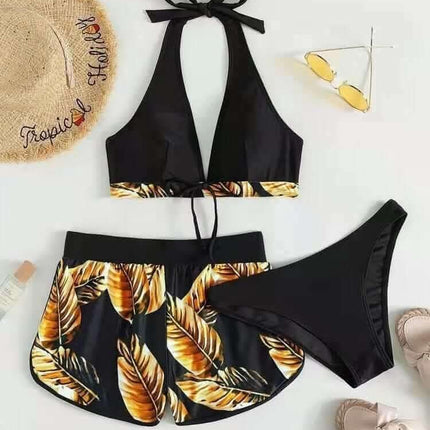 3pcs Leaf Print Bikini With Shorts Fashion Summer Beach Swimsuit Womens Clothing Fendax 4
