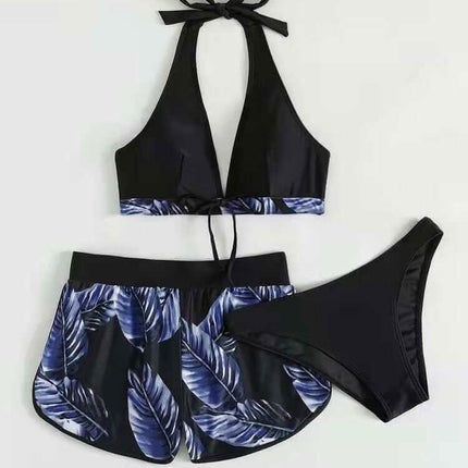 3pcs Leaf Print Bikini With Shorts Fashion Summer Beach Swimsuit Womens Clothing Fendax 4