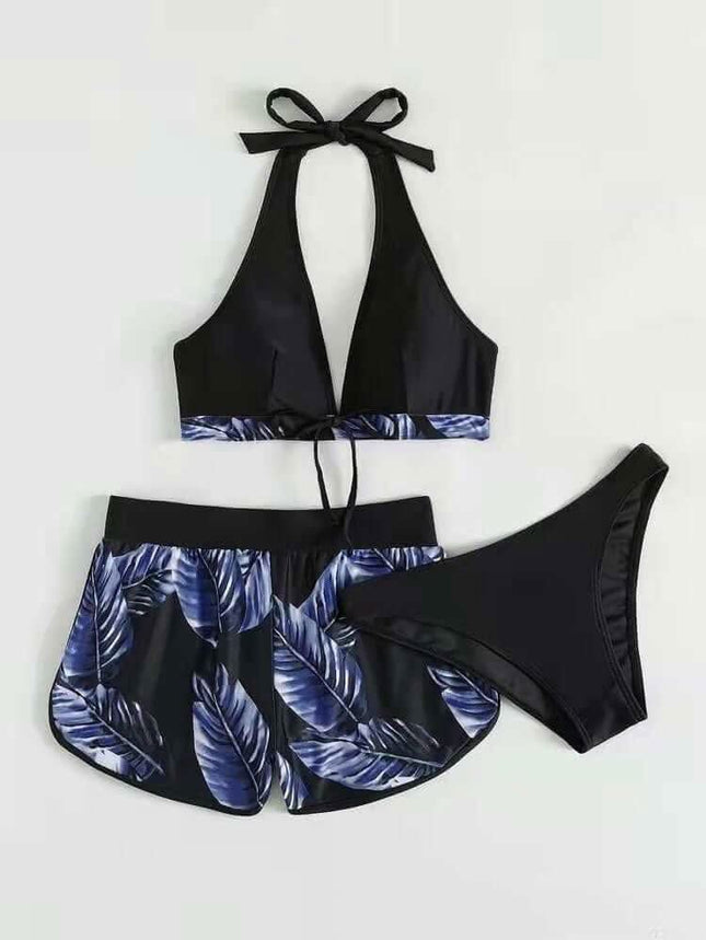 3pcs Leaf Print Bikini With Shorts Fashion Summer Beach Swimsuit Womens Clothing Fendax 4