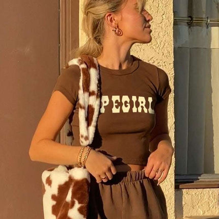 Vintage Brown Letter Print Bottoming Casual Crop Top Fendax 0