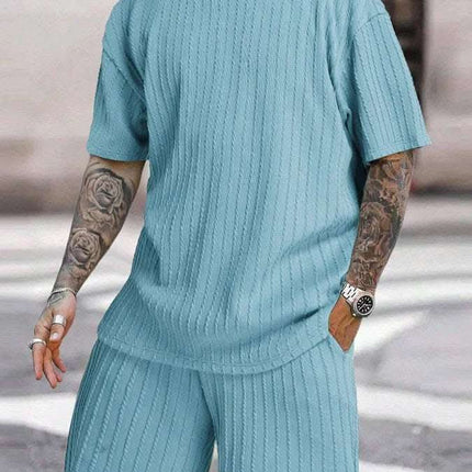 Men's Sports Solid Color Round Neck Pullover Vertical Pattern T-shirt Two-piece Set Fendax 0