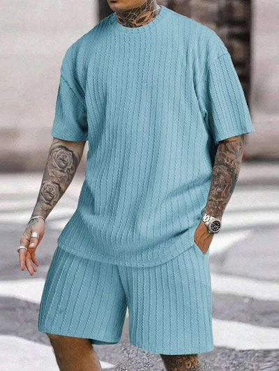 Men's Sports Solid Color Round Neck Pullover Vertical Pattern T-shirt Two-piece Set Fendax 0