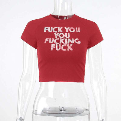 Sequin Alphabet Print Casual Skinny Short Sleeve Simple Hong Kong Style Crop Top Fendax 0