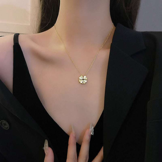 Luxury Four Leaf Clover Pendant Necklace Stainless Steel Crystal Heart Jewelry For Women Gift Fendax 0