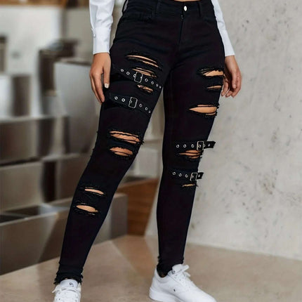Black Tight Stretch Skinny Trousers Women's Ripped Denim Trousers Fendax 0