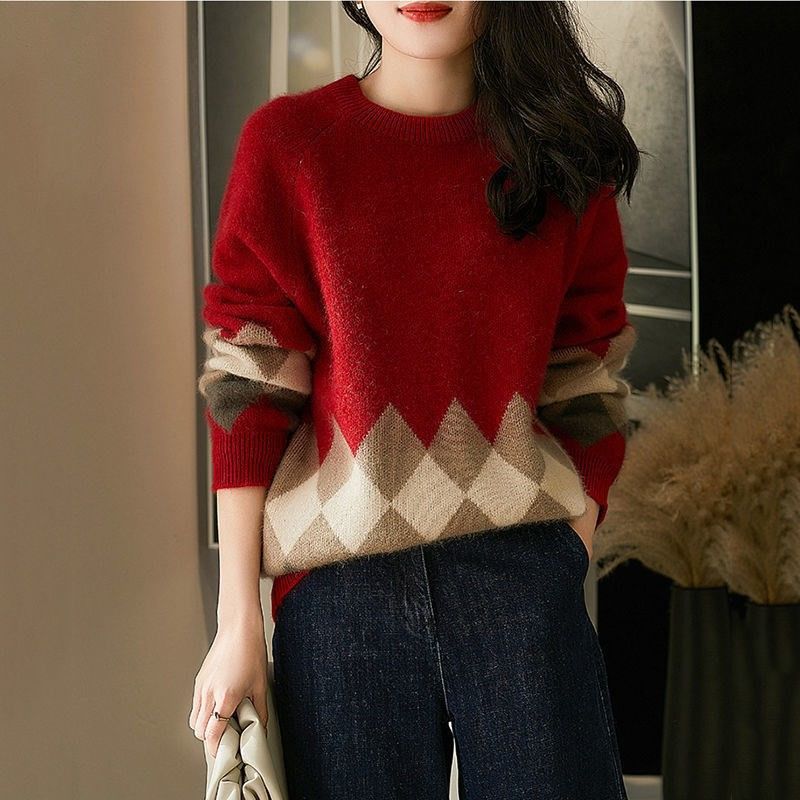 Red Round-neck Knitwear Loose Sweater For Women