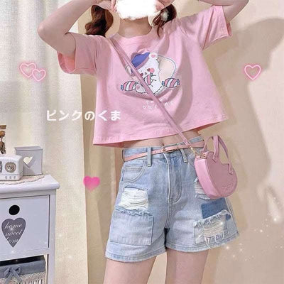 Cute And Sweet Japanese Girl Short-sleeved T-shirt Female Loose And Thin High-waist All-match Short Crop Top Fendax 0