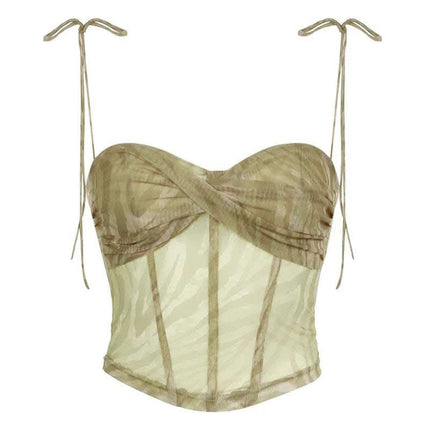Sexy Style Corrugated Printed Double Layer Mesh Camisole Low Collar Irregular Cinched Tube Top Vest Top Fendax 0
